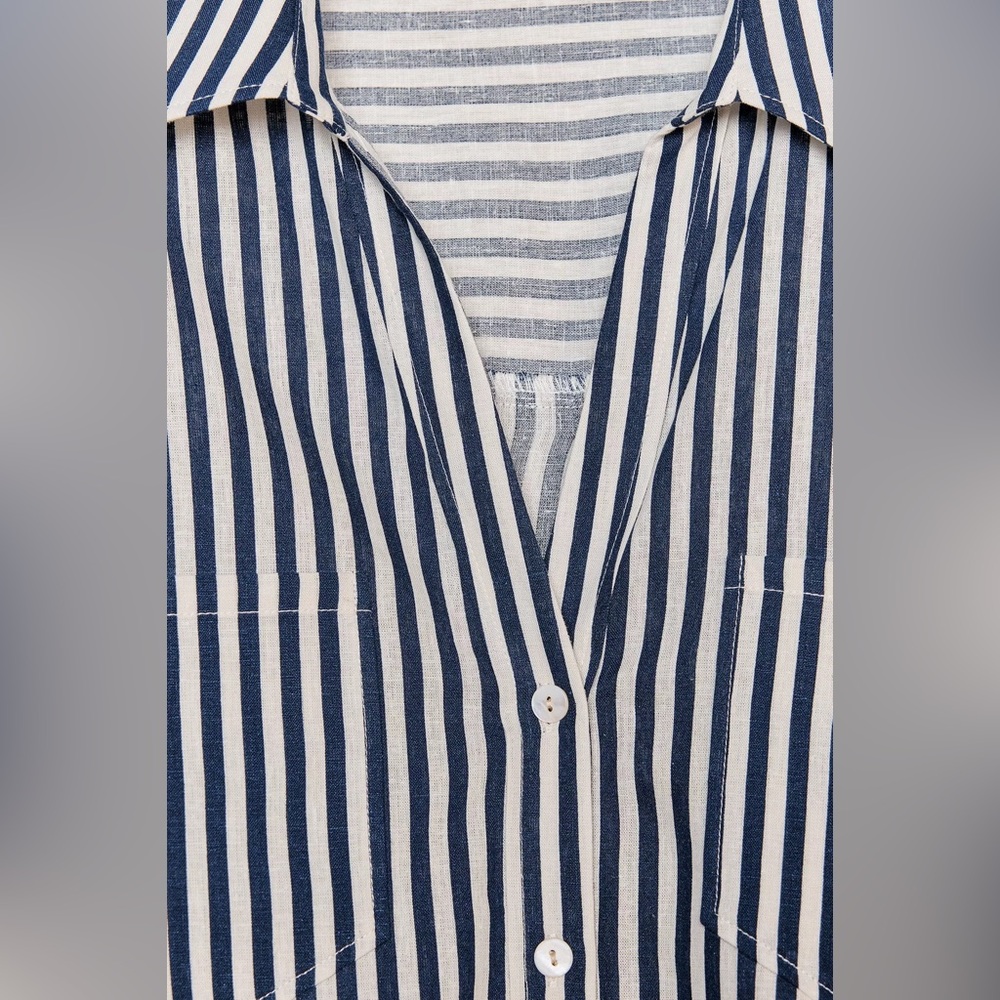 ZARA LINEN BLEND CROPPED SHIRT BLUE WHITE STRIPED MEDIUM V-NECK RESORT VACATION - Picture 8 of 9